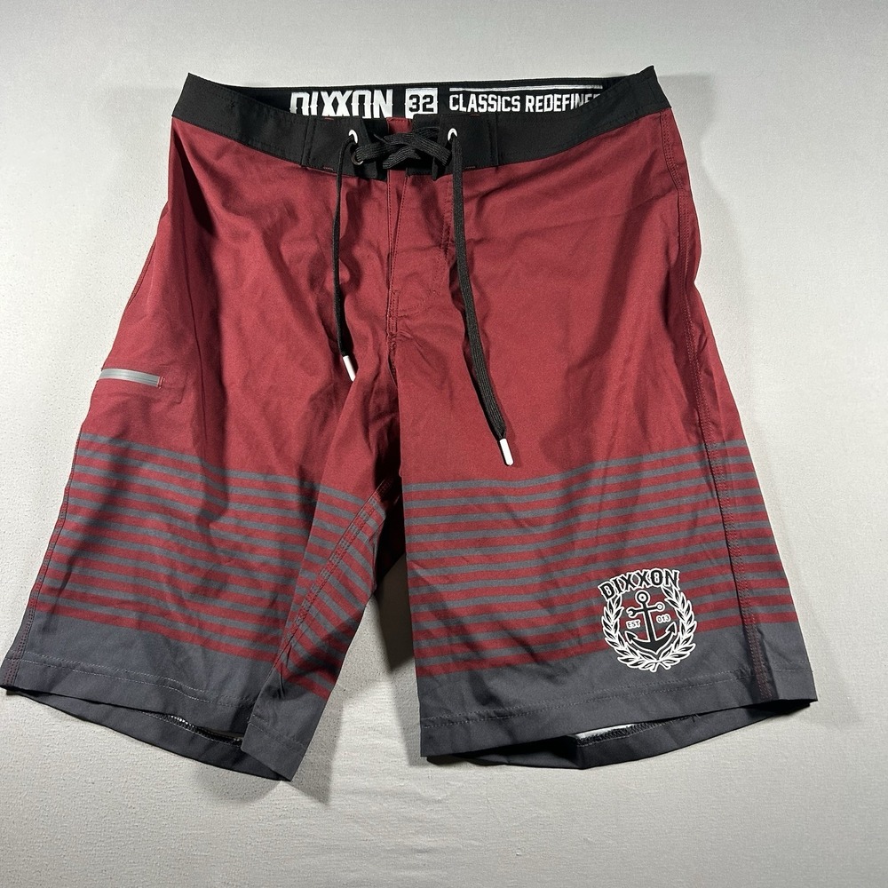 Mens Dixxon Chop Boardshorts Red Gray Striped Size 32 Swim Shorts Drawstring